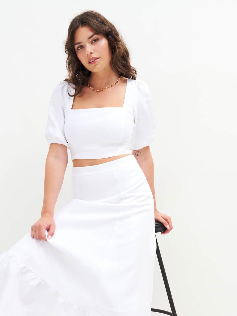 Reformation Yucca Linen Two Piece Set White Puff Sleeve Crop Top Skirt Size 2